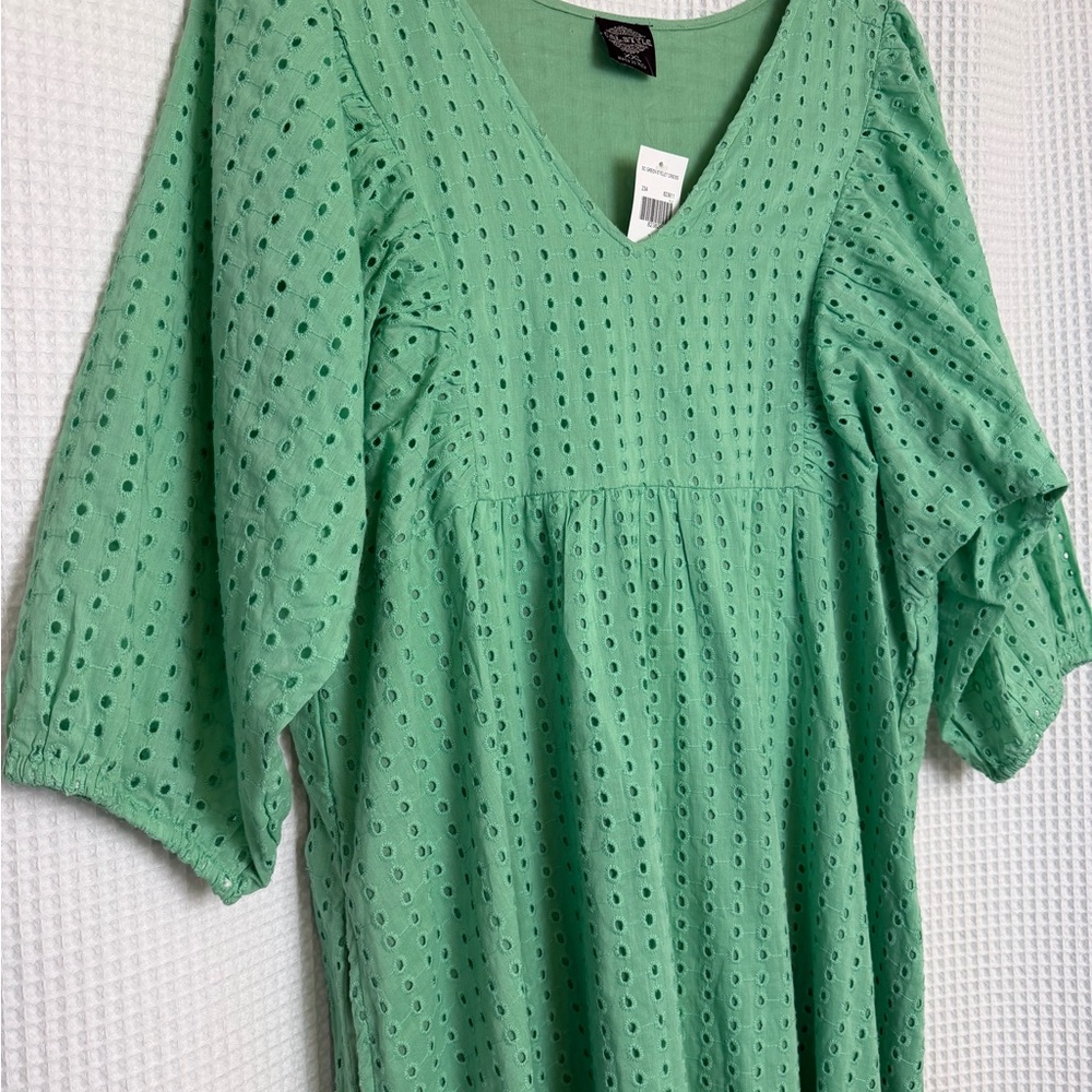 Cal Style Green Cotton Eyelet Midi Dress – Flowy Babydoll, Cottagecore Boho XXL - Picture 3 of 8